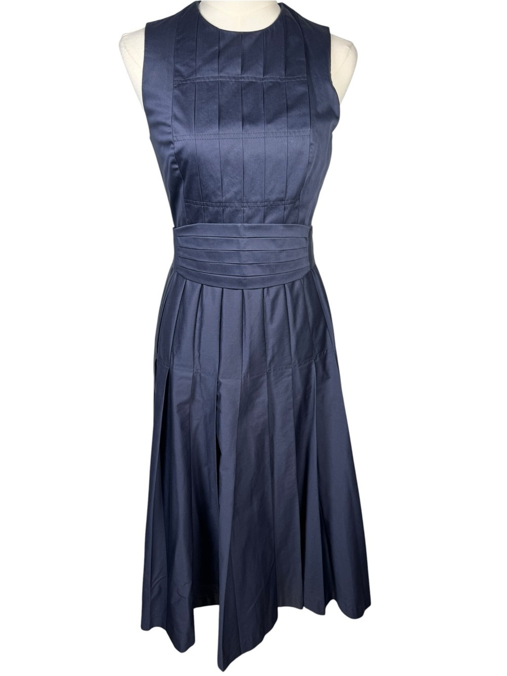 L.K. Bennett Lianne Navy Midi Dress Pleated A-Line Fit Flare US 4 Petite